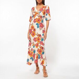 MISA Los Angeles Wallis Floral Midi Dress Size Small Boho V-Neck Puff Sleeve